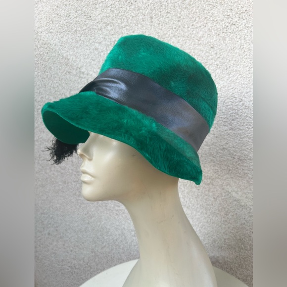 Vintage forest green faux fur felt bucket hat size 21.5” Sears Fashion Millinery - Picture 2 of 10